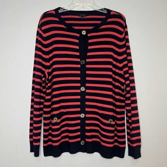 J. Jill Wearever Cardigan Womens Size XL Stripe Navy Pocket Preppy Sailor Yacht - Picture 1 of 7